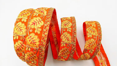 Orange Trim with Floral Embroidery Beige Embroidered Leaves Trim, Decorative Trim, Indian Border